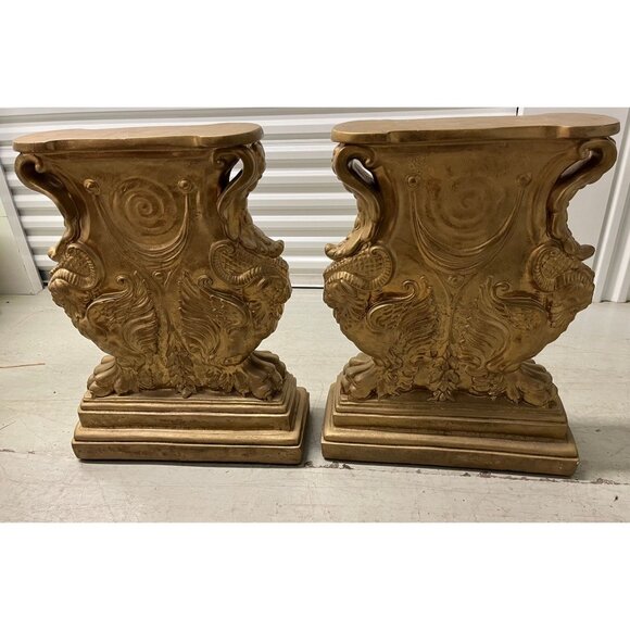 Vtg Mid 20th Century Plaster Gold Leaf Flying Gryphon Ornate Pedestals For Table - Picture 2 of 9